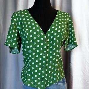 Reformation Jane Blouse in green with a white ditsy floral pattern size small